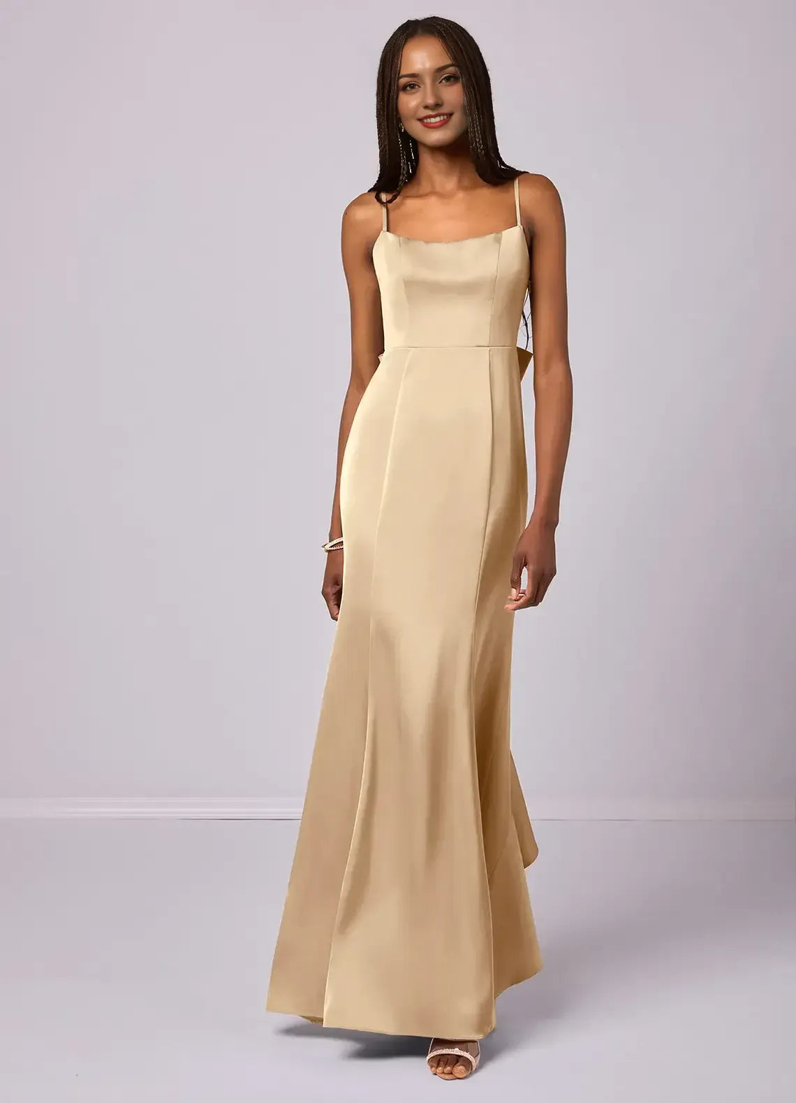 Champagne Straight Spaghetti Strap Back Big Bow Ruffle Floor Length Satin Bridesmaid Dress