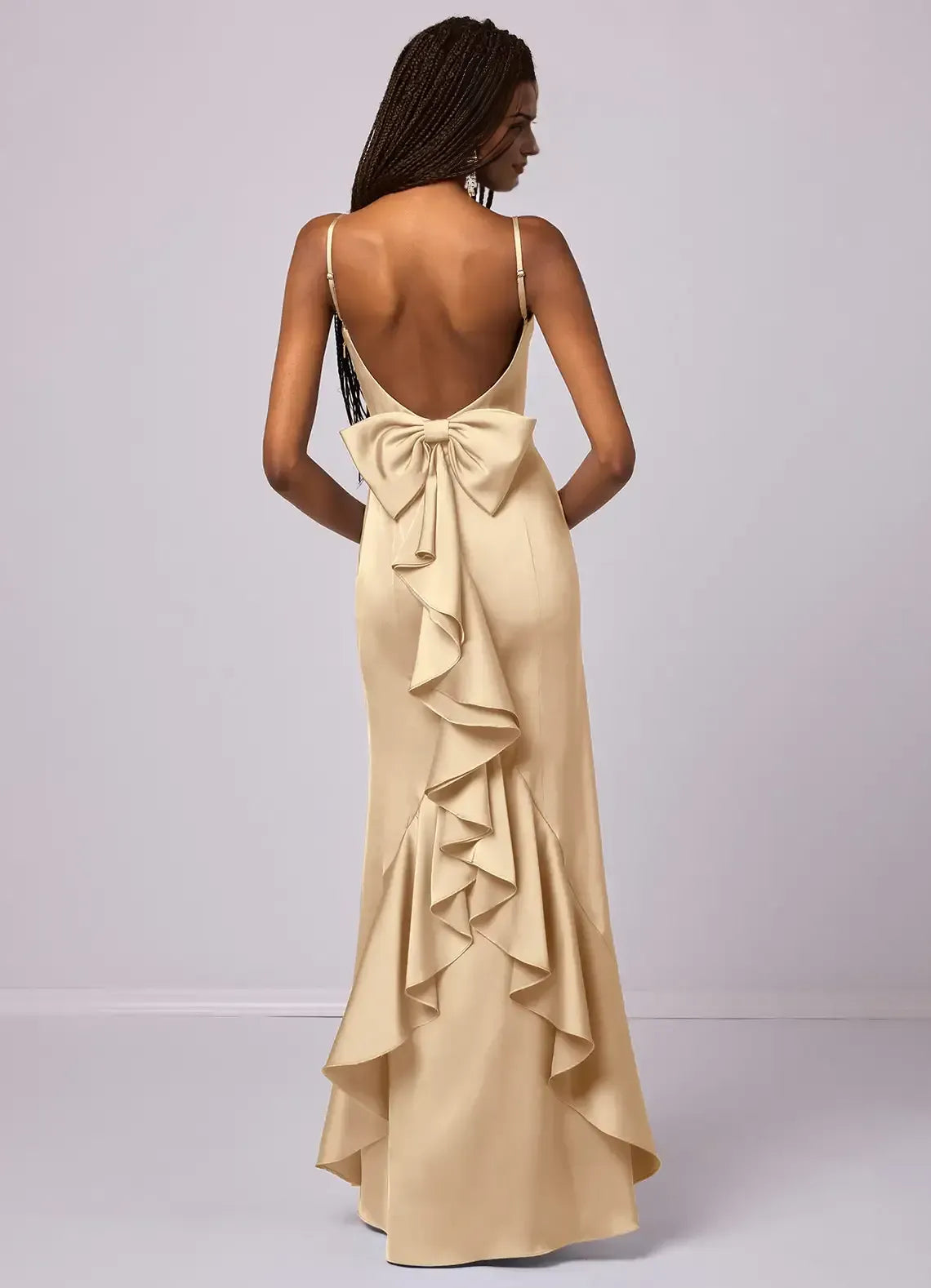 Champagne Straight Spaghetti Strap Back Big Bow Ruffle Floor Length Satin Bridesmaid Dress