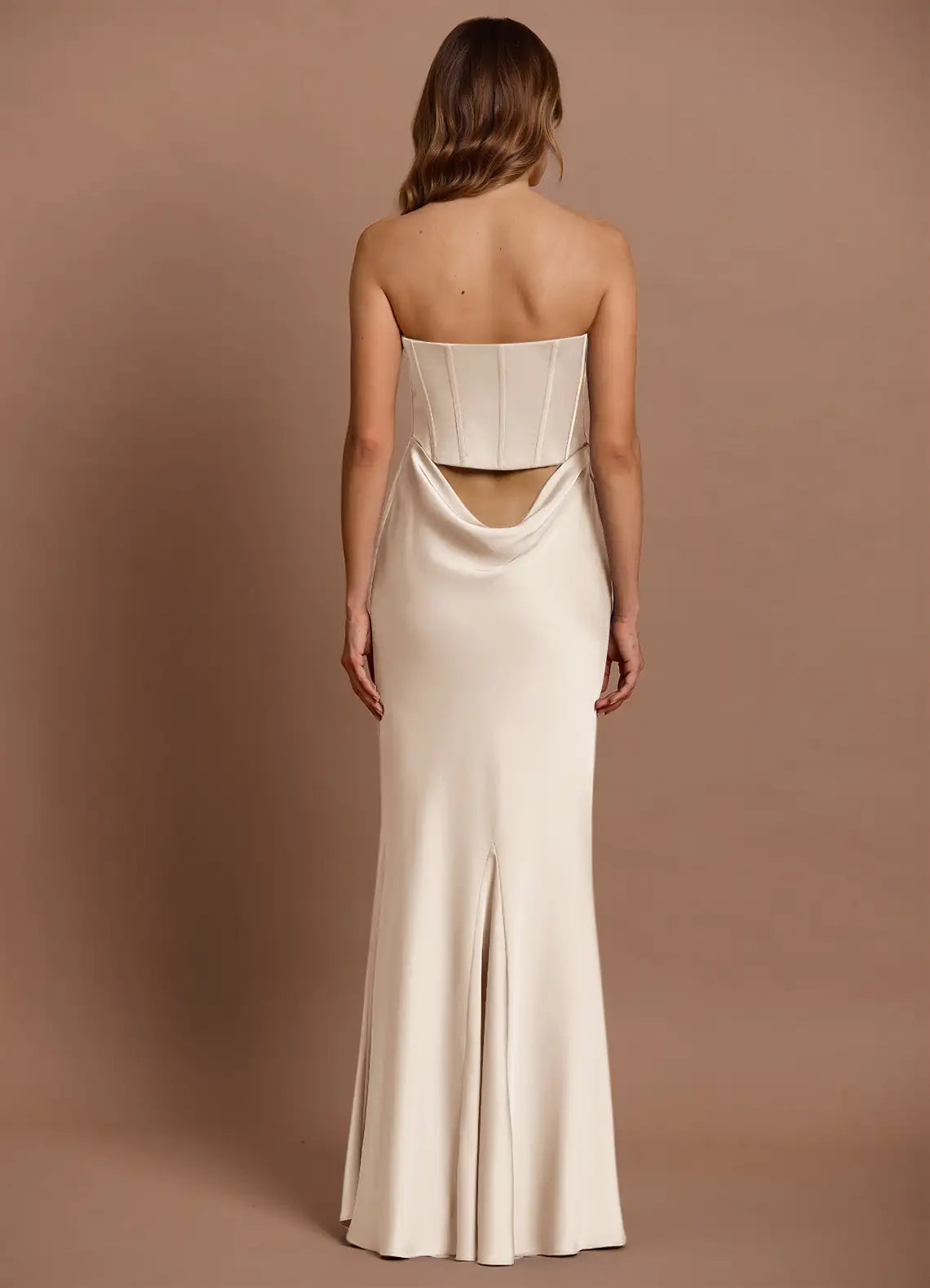 Champagne Strapless Structured Corset Back Cutout Draped Mermaid Maxi Wedding Guest Dress