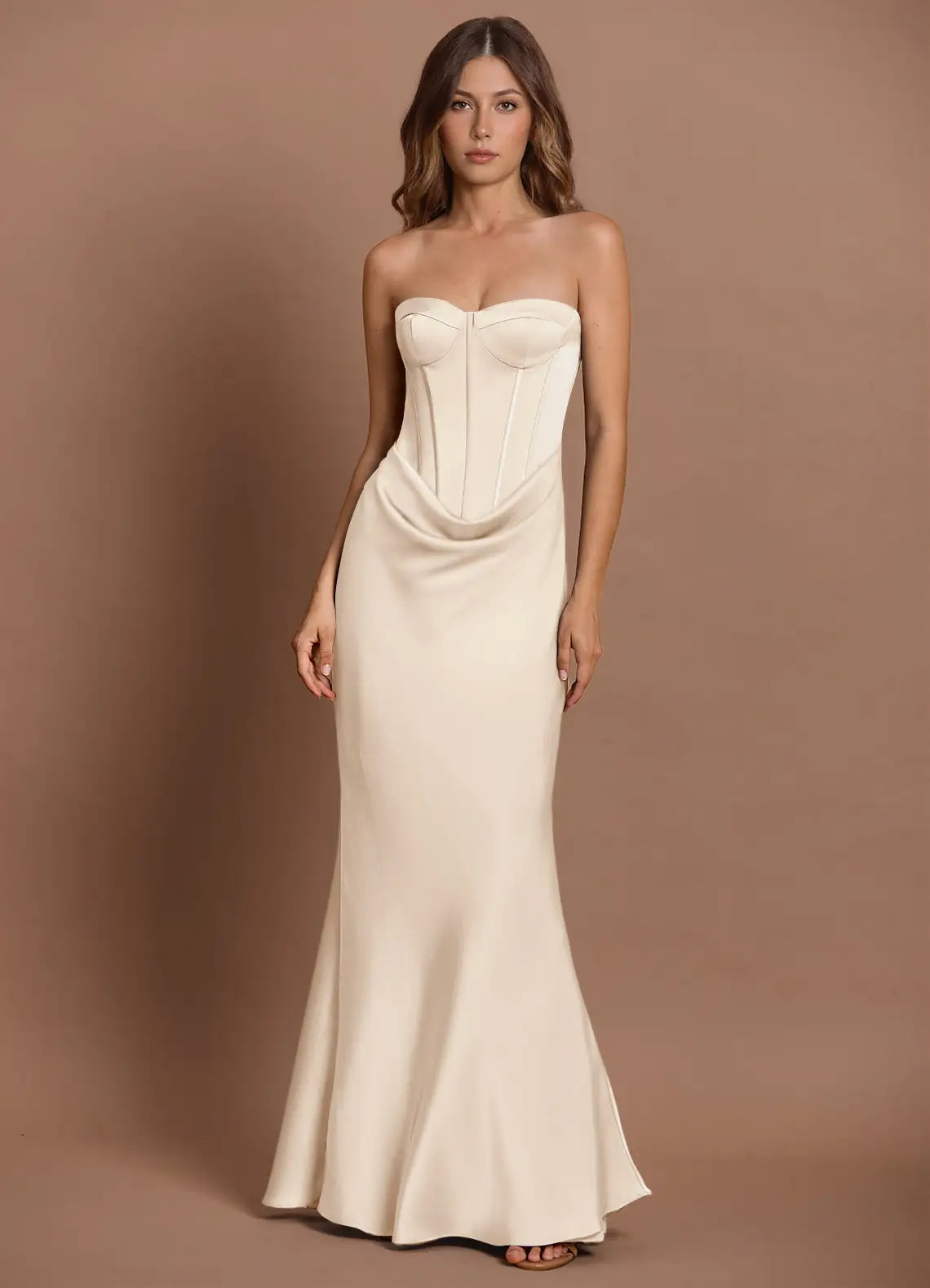 Champagne Strapless Structured Corset Back Cutout Draped Mermaid Maxi Wedding Guest Dress