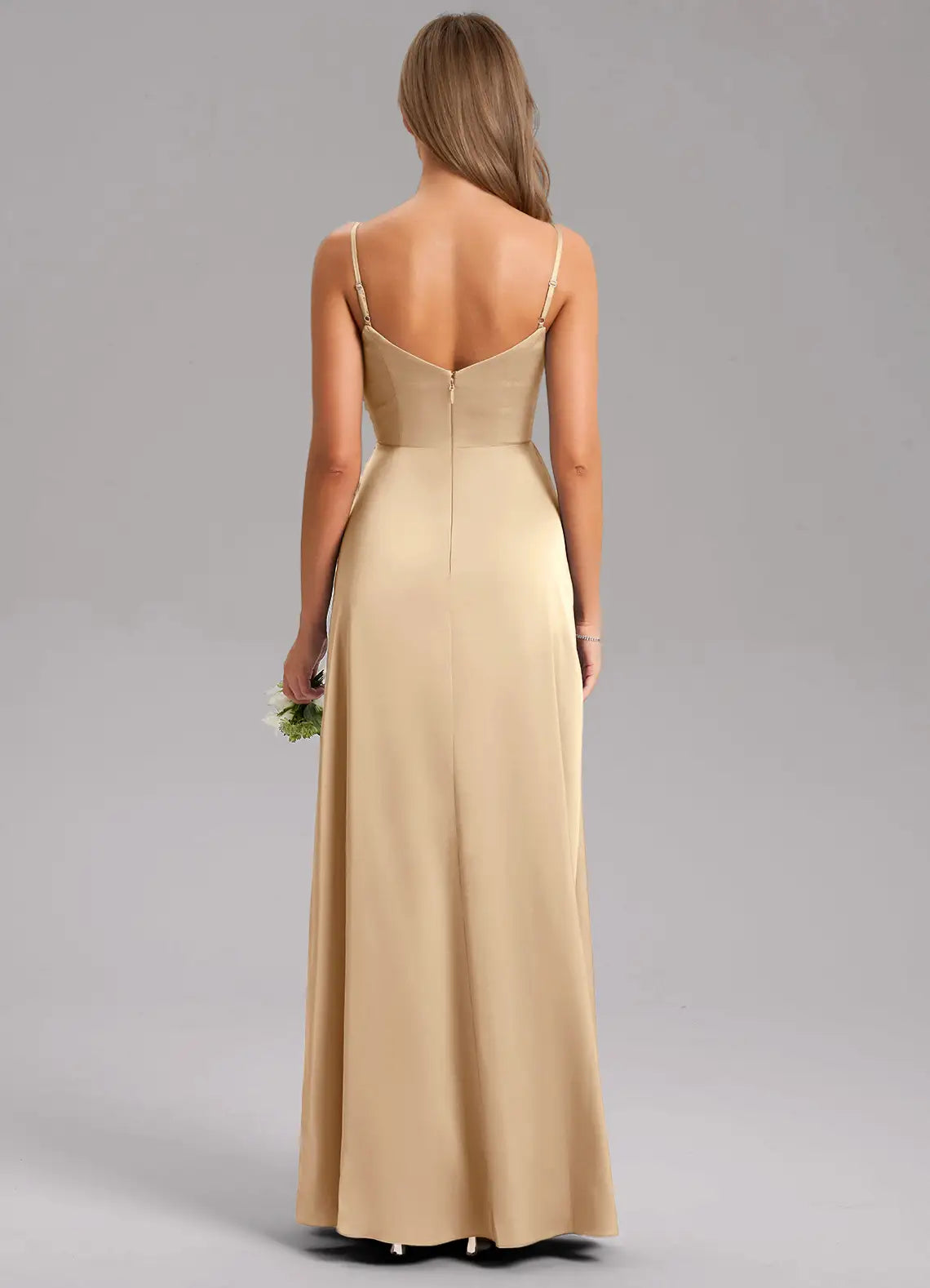 Champagne Thin Strap V Neck Side Ruched High Slit Maxi Satin Bridesmaid Dress