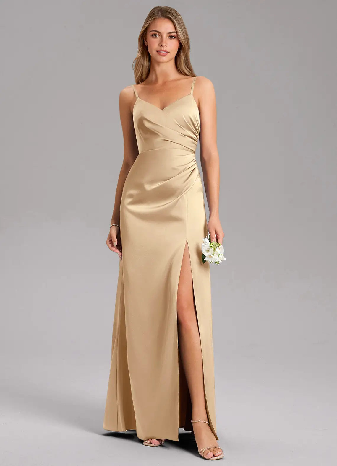 Champagne Thin Strap V Neck Side Ruched High Slit Maxi Satin Bridesmaid Dress