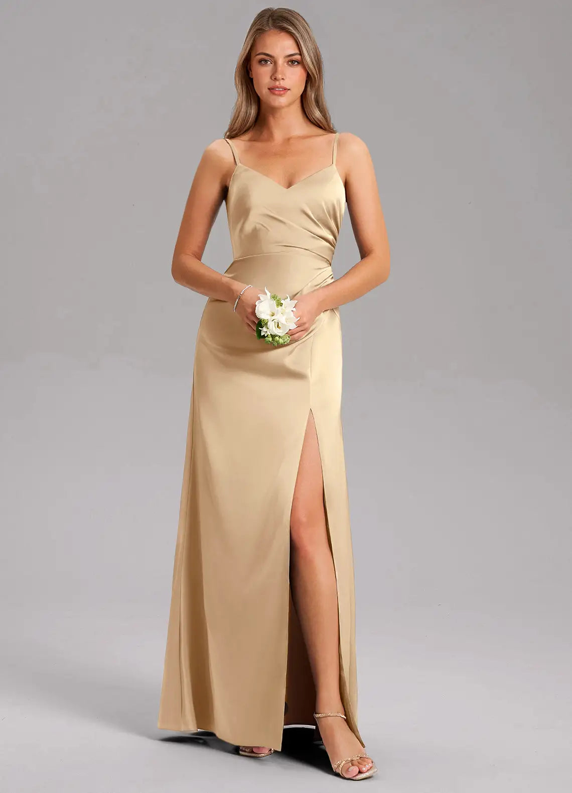 Champagne Thin Strap V Neck Side Ruched High Slit Maxi Satin Bridesmaid Dress