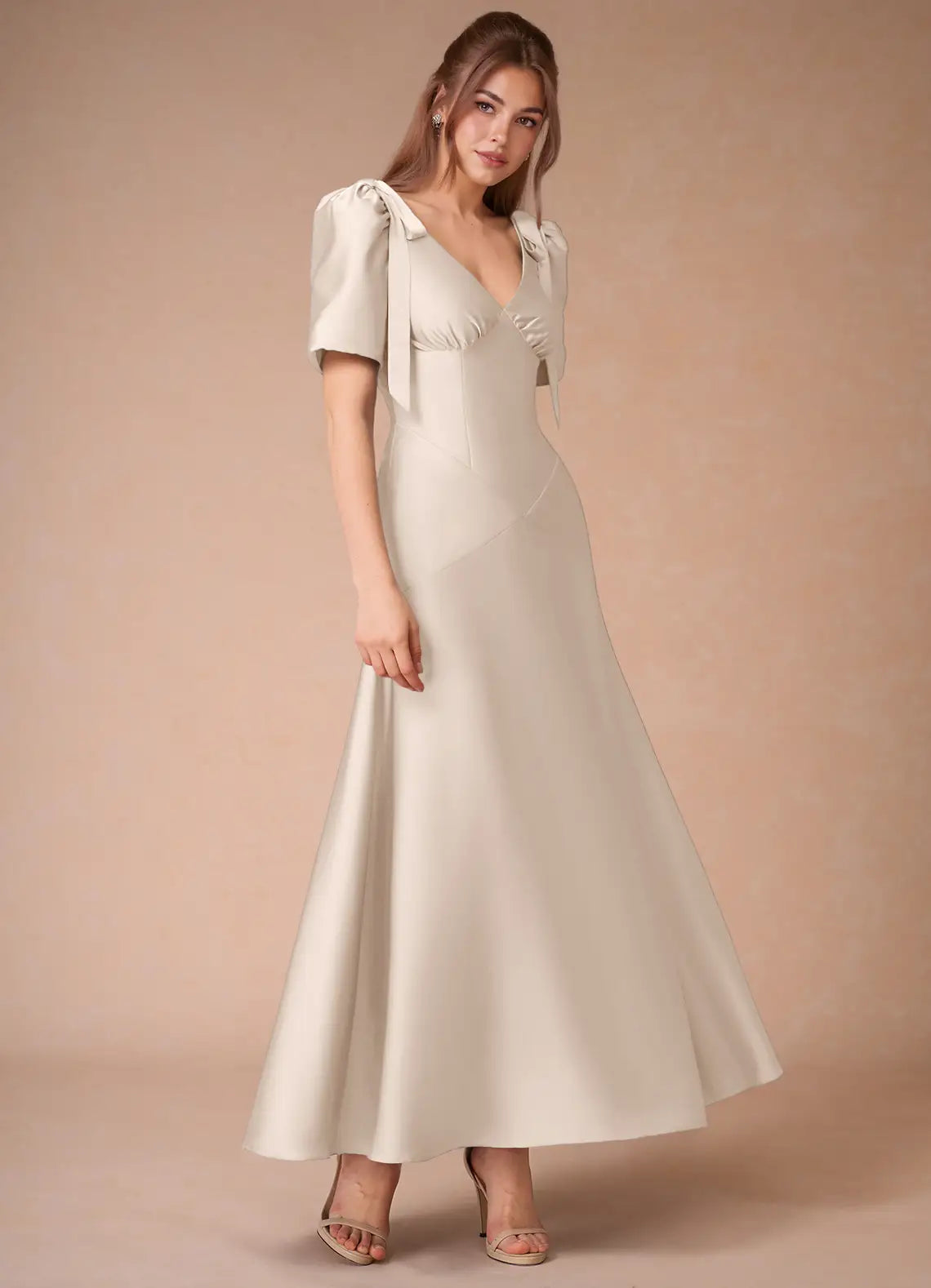 Champagne V Neck Puff Bow Short Sleeve A-Line Floor Satin Bridesmaid Dress