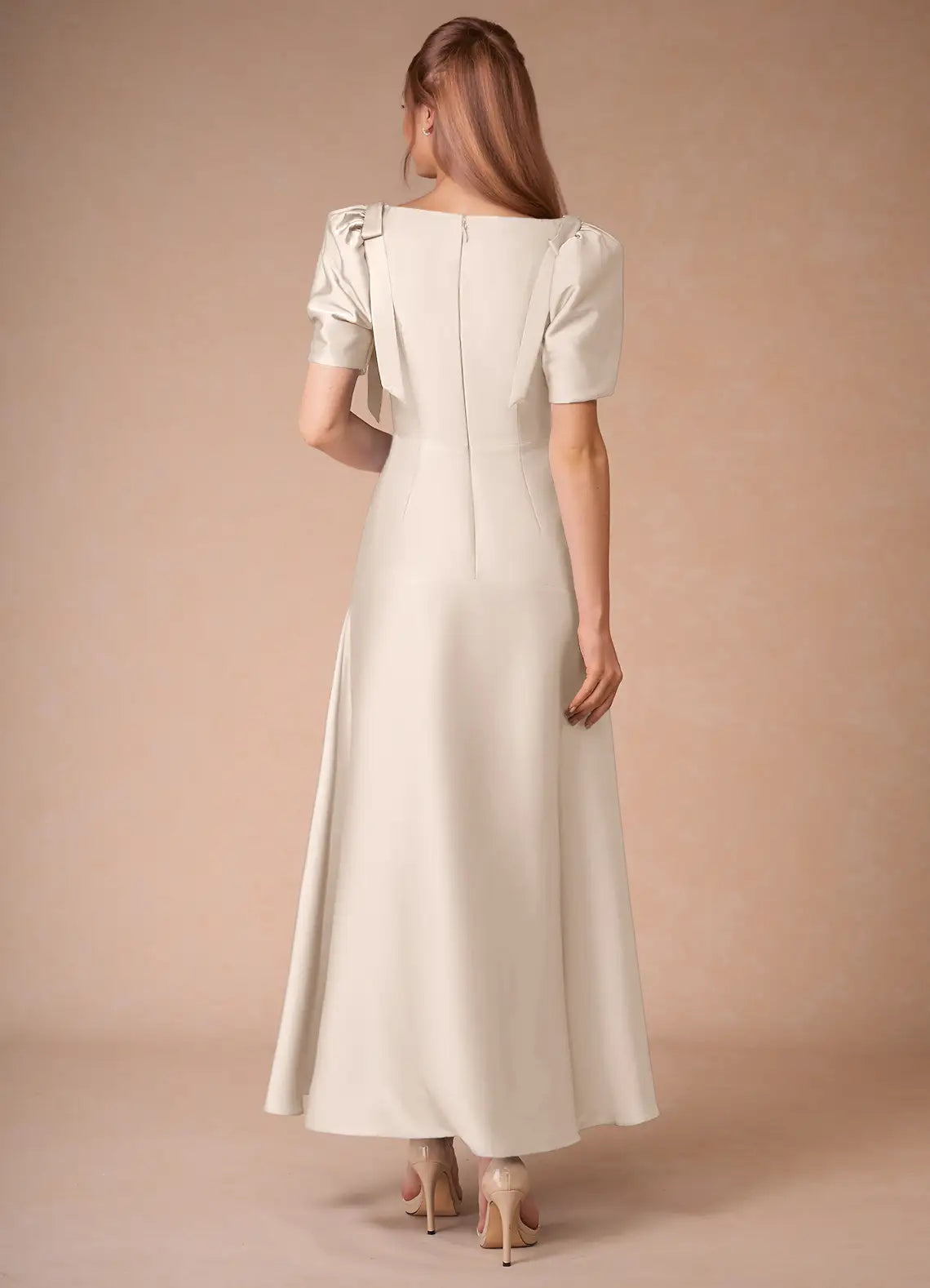 Champagne V Neck Puff Bow Short Sleeve A-Line Floor Satin Bridesmaid Dress