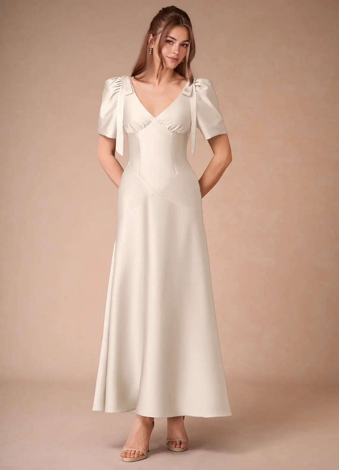 Champagne V Neck Puff Bow Short Sleeve A-Line Floor Satin Bridesmaid Dress
