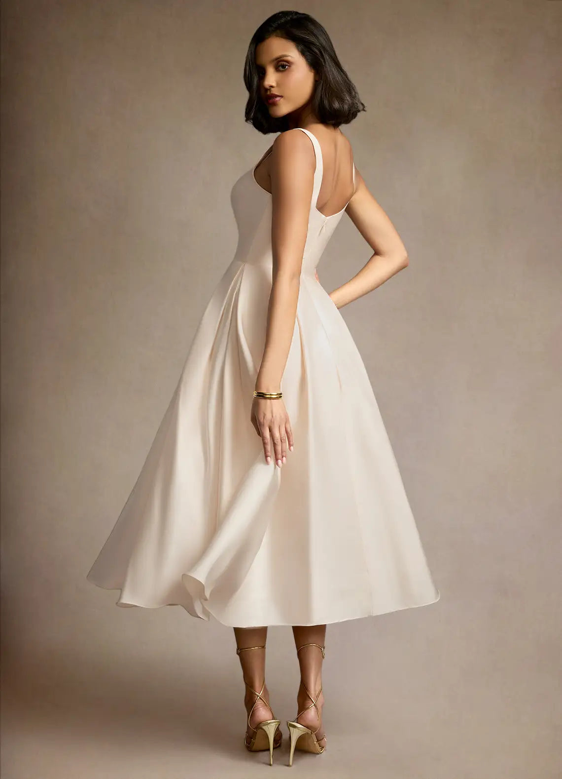 Champagne Wide Strap Square Neck Hidden Pocket Flared Midi Wedding Guest Dress