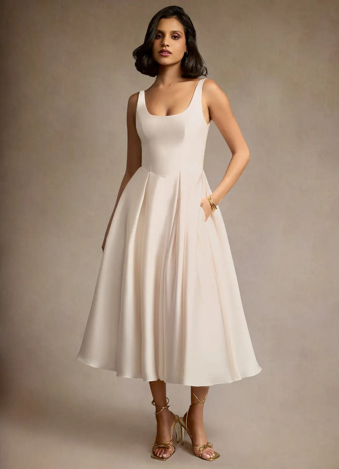 Champagne Wide Strap Square Neck Hidden Pocket Flared Midi Wedding Guest Dress