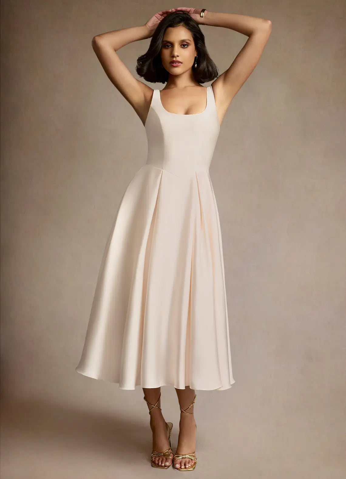 Champagne Wide Strap Square Neck Hidden Pocket Flared Midi Wedding Guest Dress