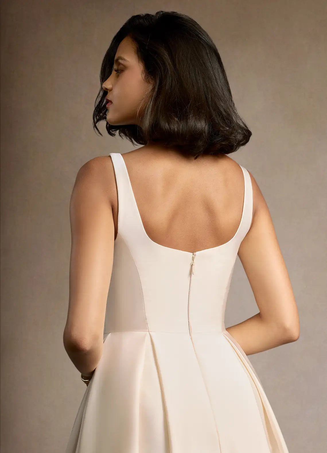 Champagne Wide Strap Square Neck Hidden Pocket Flared Midi Wedding Guest Dress