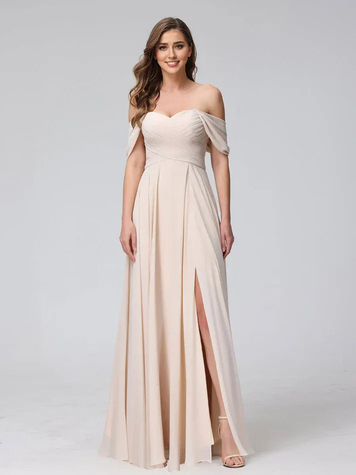 Champagne Chiffon Off‑The‑Shoulder Cross‑Pleated Lace‑Up High‑Slit A‑Line Bridesmaid Dresses
