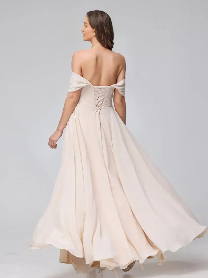 Champagne Chiffon Off‑The‑Shoulder Cross‑Pleated Lace‑Up High‑Slit A‑Line Bridesmaid Dresses