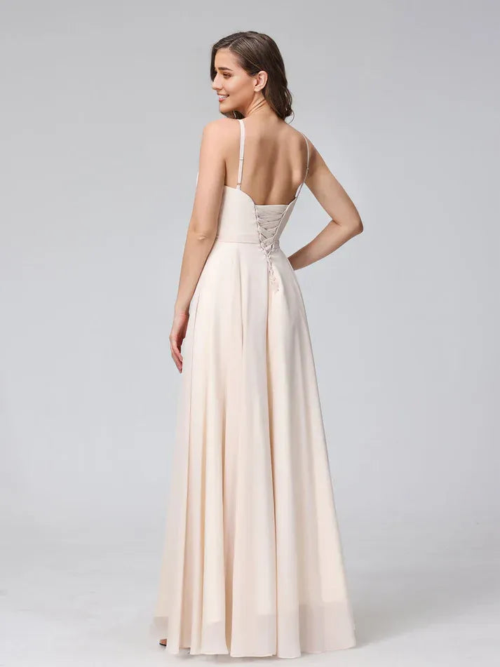 Champagne Chiffon Spaghetti‑Strap Deep‑V‑Neck Lace‑Up A‑Line Bridesmaid Dresses