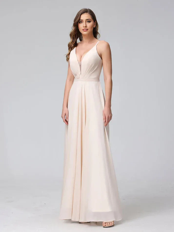 Champagne Chiffon Spaghetti‑Strap Deep‑V‑Neck Lace‑Up A‑Line Bridesmaid Dresses