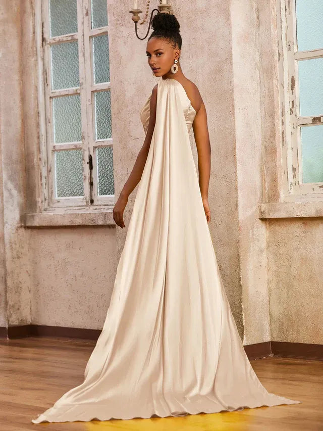 Champagne‑Satin One‑Shoulder Cape‑Sleeve High‑Slit Mermaid Bridesmaid Dresses