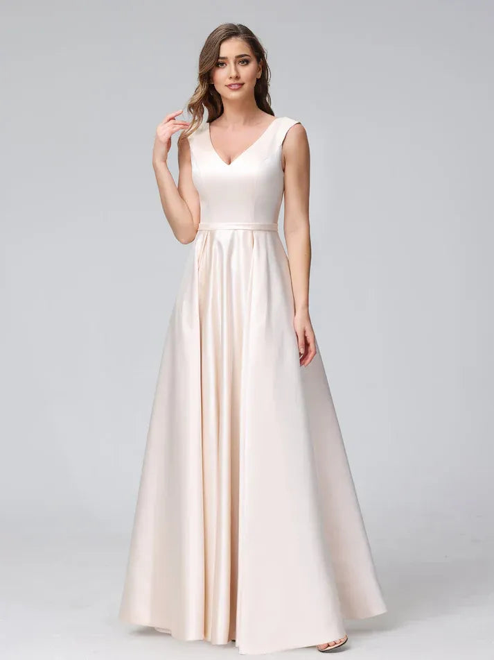 Champagne Satin Sleeveless V‑Neck Lace‑Up Pocketed A‑Line Bridesmaid Dresses