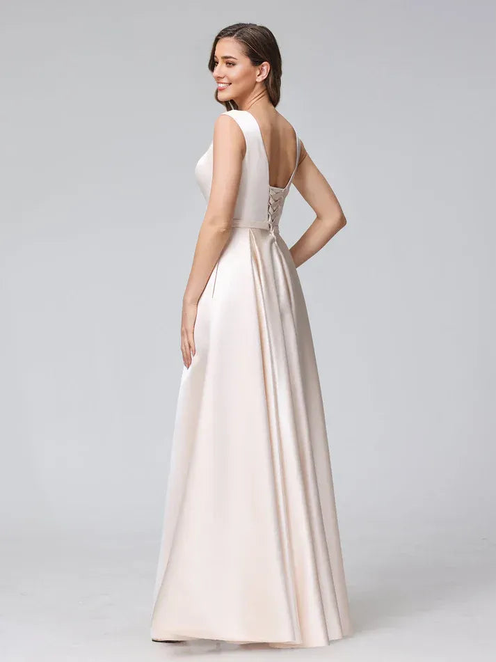 Champagne Satin Sleeveless V‑Neck Lace‑Up Pocketed A‑Line Bridesmaid Dresses