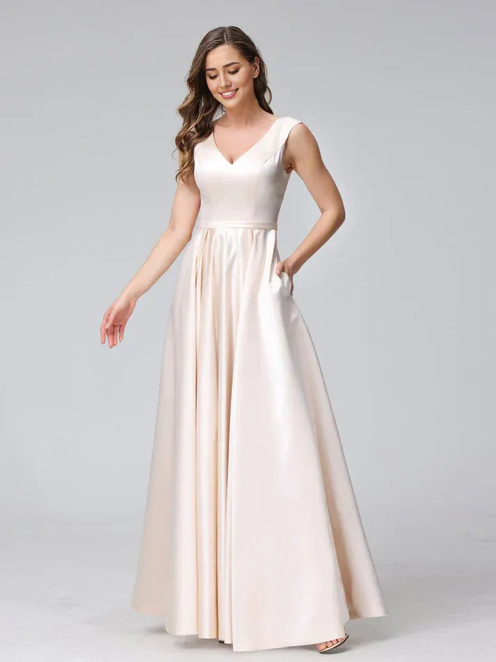 Champagne Satin Sleeveless V‑Neck Lace‑Up Pocketed A‑Line Bridesmaid Dresses