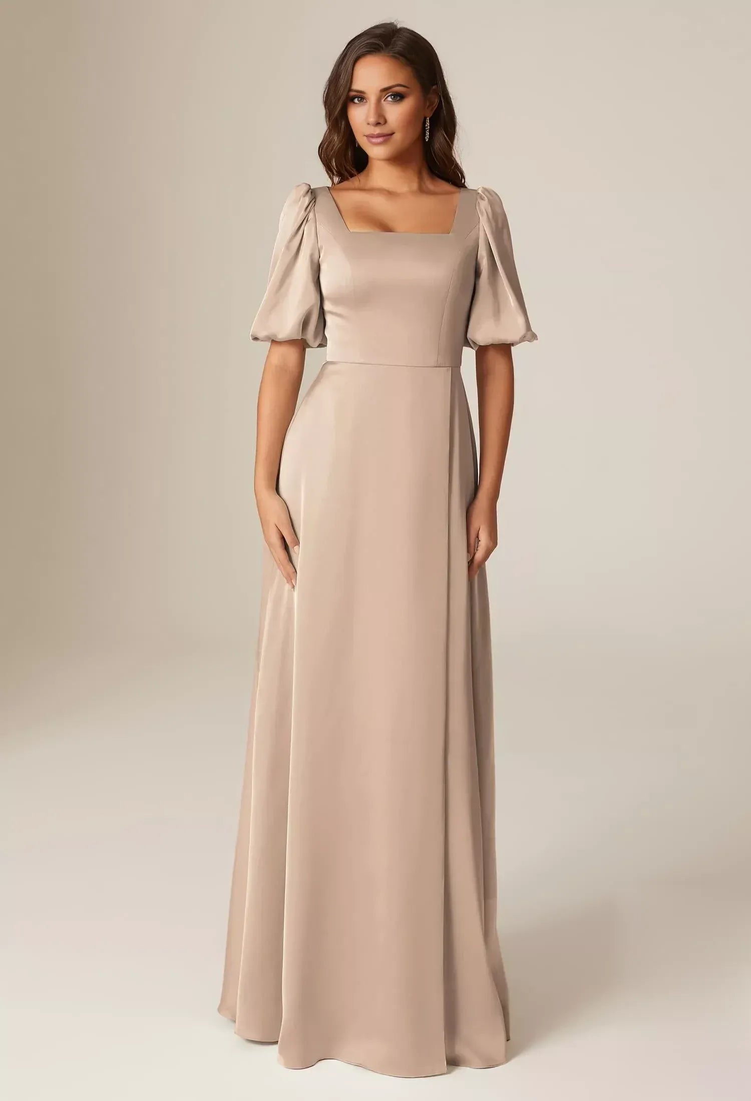 Champagne‑Satin Square‑Neck Puff‑Sleeve High‑Slit A‑Line Bridesmaid Dresses