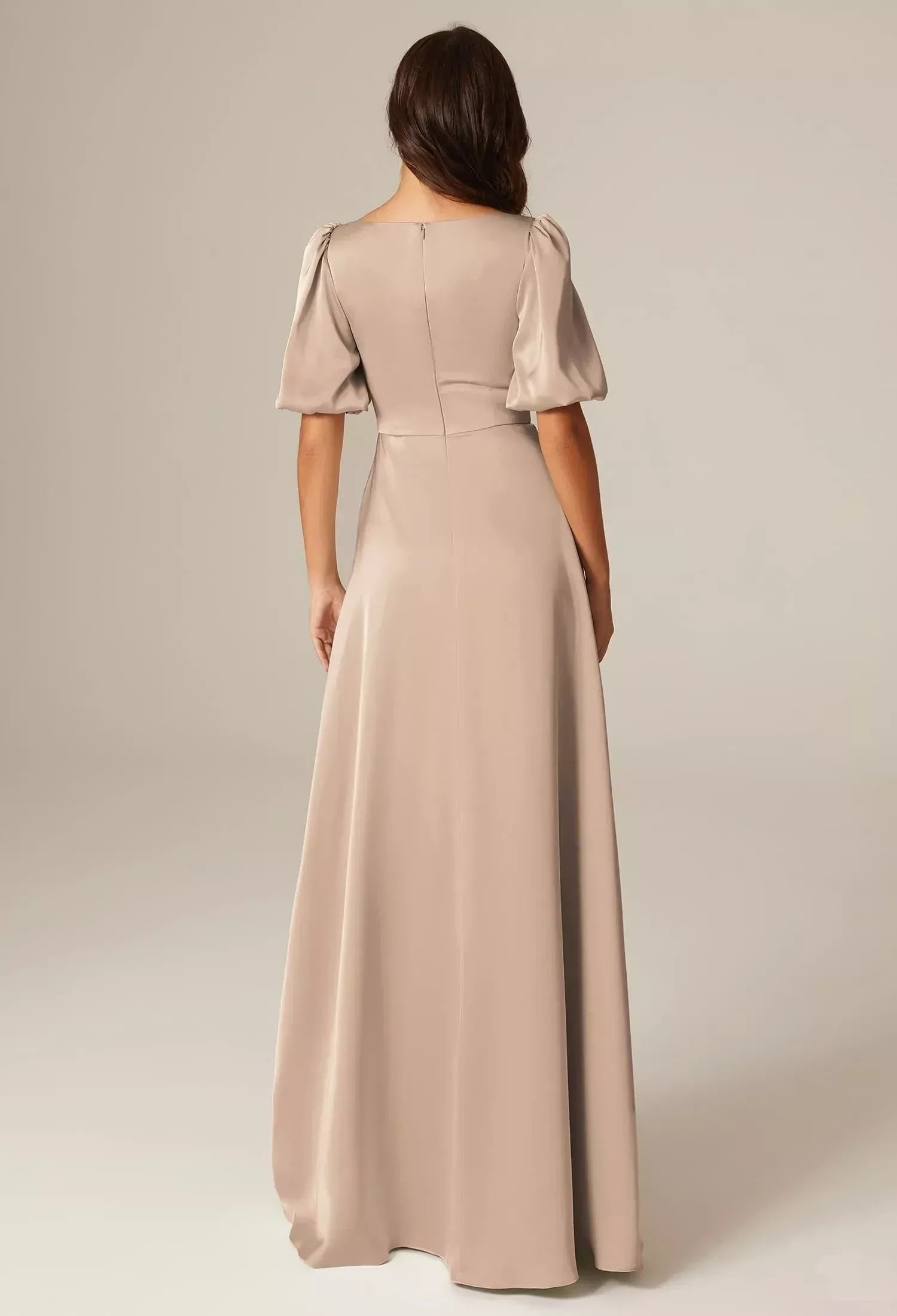 Champagne‑Satin Square‑Neck Puff‑Sleeve High‑Slit A‑Line Bridesmaid Dresses