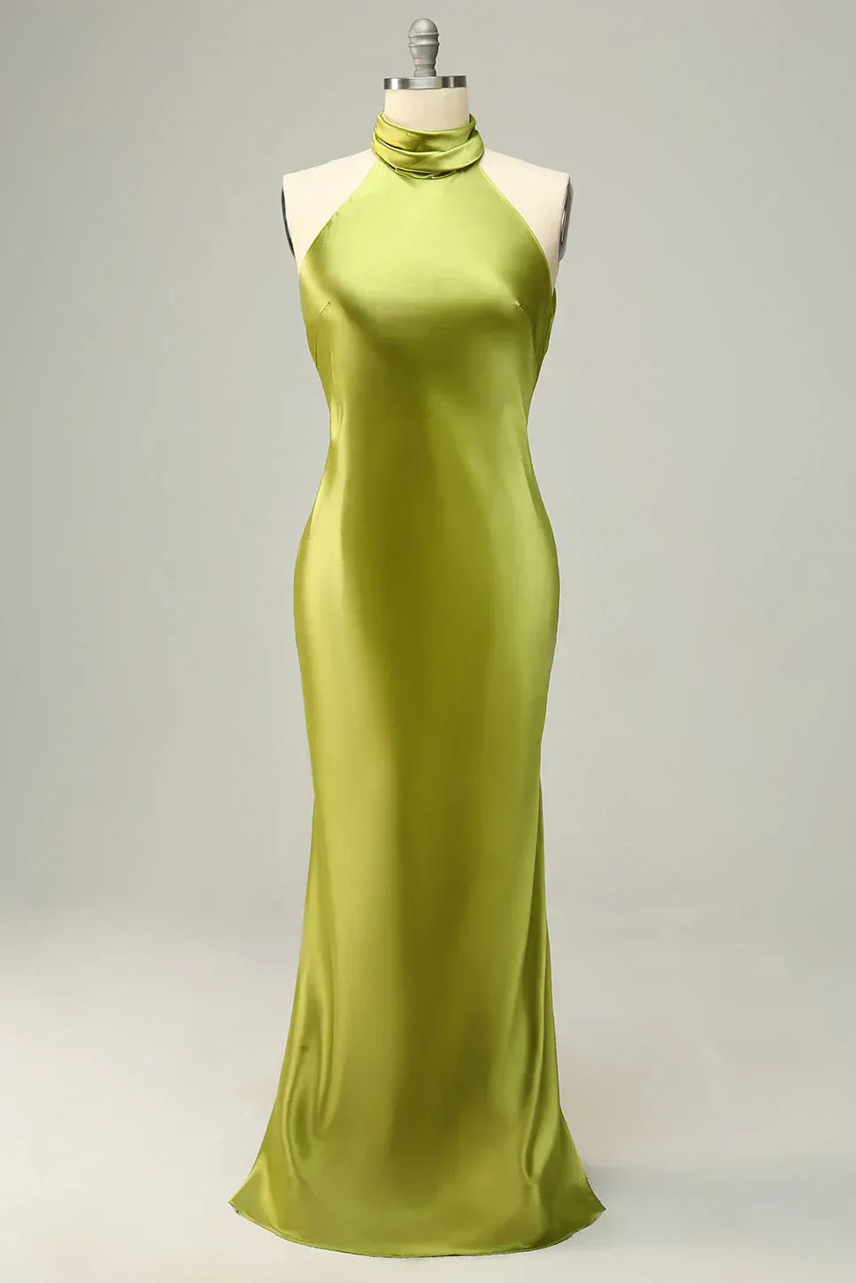 Chartreuse‑Green Satin Halter‑High‑Neck Open‑Back Mermaid Bridesmaid Dresses