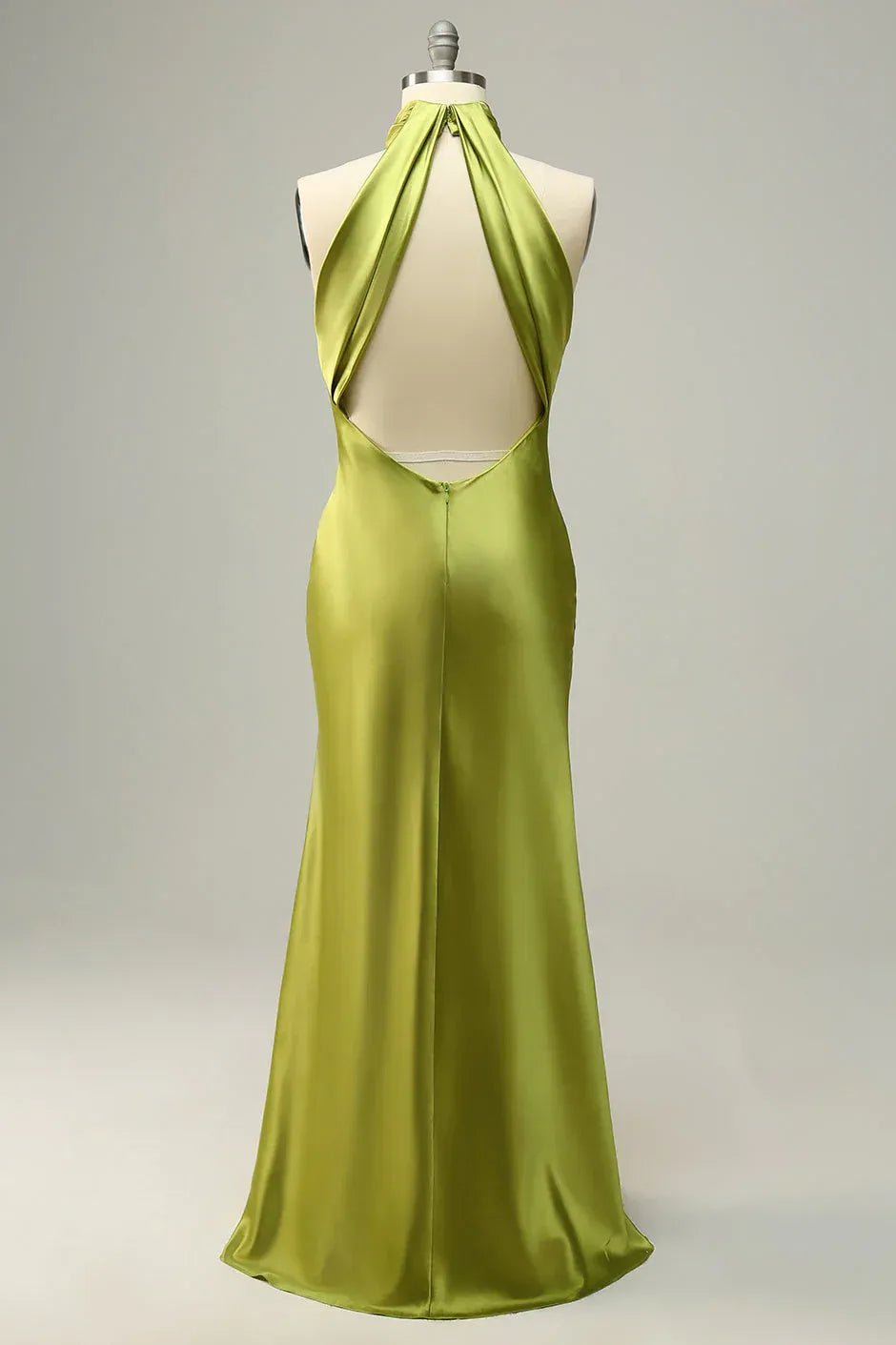 Chartreuse‑Green Satin Halter‑High‑Neck Open‑Back Mermaid Bridesmaid Dresses