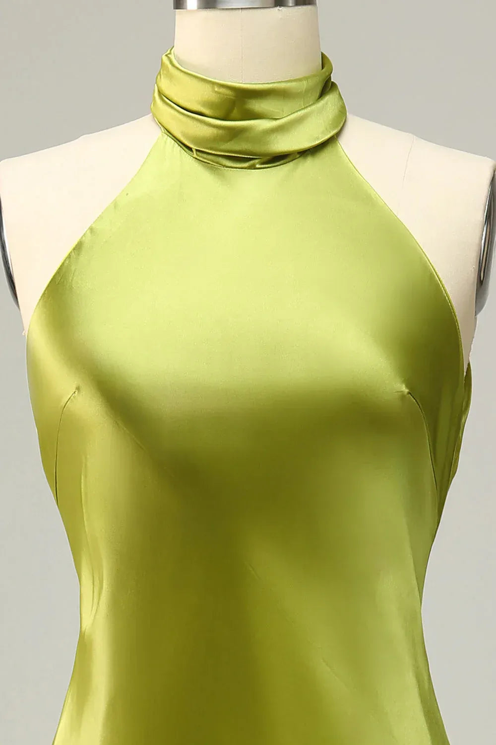 Chartreuse‑Green Satin Halter‑High‑Neck Open‑Back Mermaid Bridesmaid Dresses