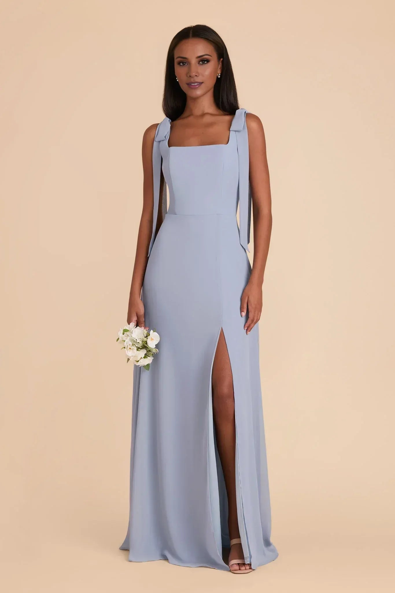 Chic A Line Square Neck Tie Strap Low Back Floor Length Wedding Bridesmaid Dress
