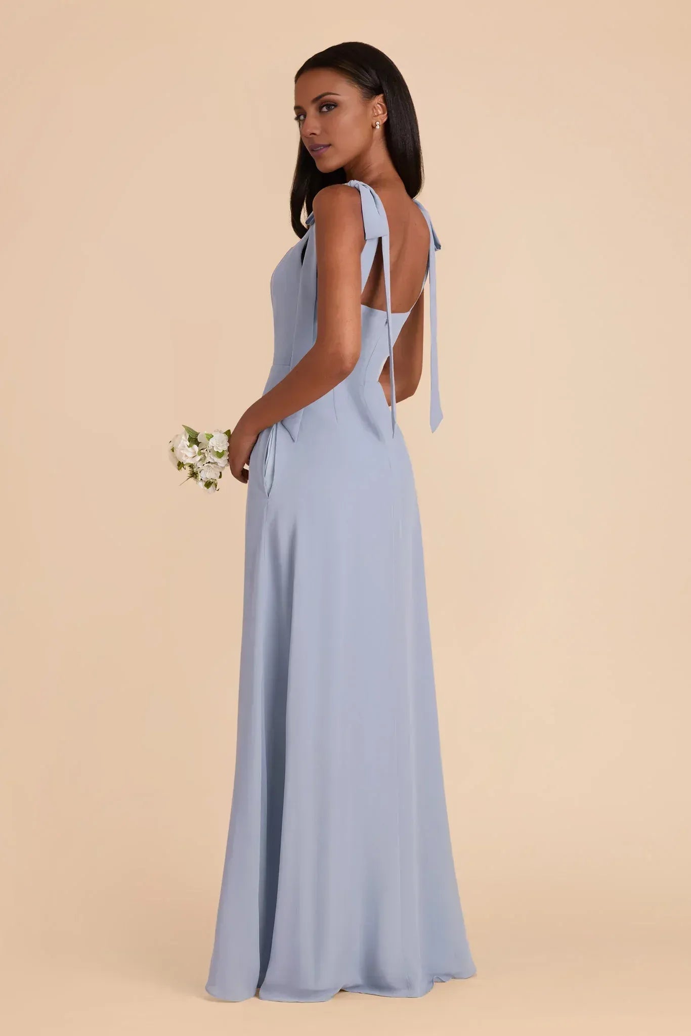 Chic A Line Square Neck Tie Strap Low Back Floor Length Wedding Bridesmaid Dress