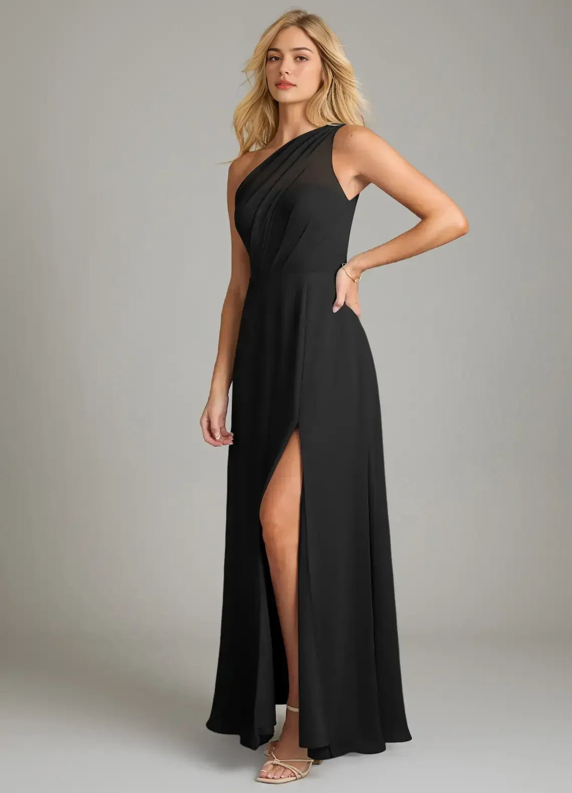 Chic Black A-Line One-Shoulder Sleeveless Low-Back Floor-Length Evening Wedding Bridesmaid Dress