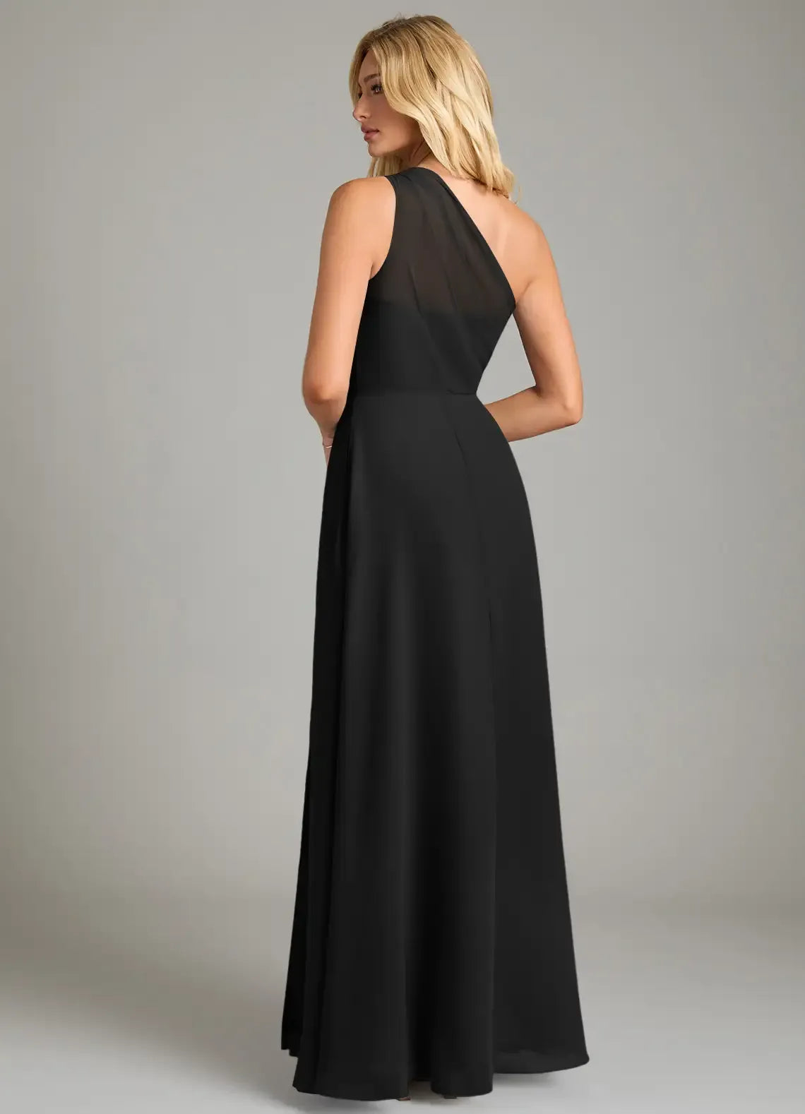 Chic Black A-Line One-Shoulder Sleeveless Low-Back Floor-Length Evening Wedding Bridesmaid Dress