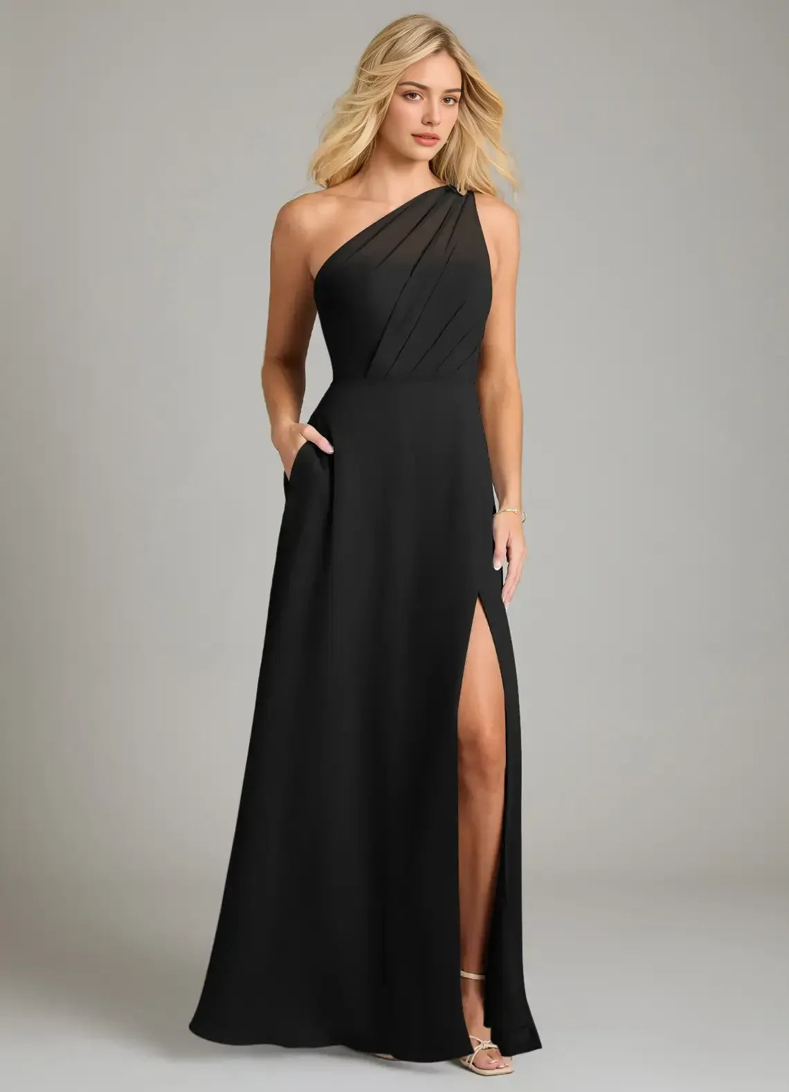 Chic Black A-Line One-Shoulder Sleeveless Low-Back Floor-Length Evening Wedding Bridesmaid Dress