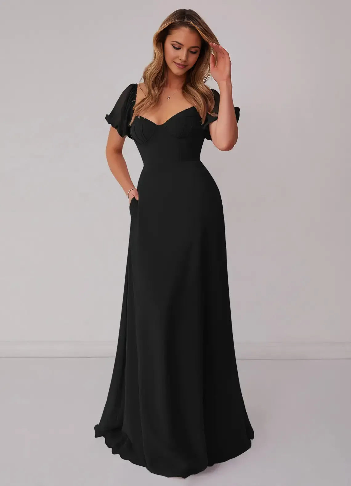 Chic Black A-Line Sweetheart-Neck Puff-Sleeve Tie-Back Maxi Bridesmaid Dress