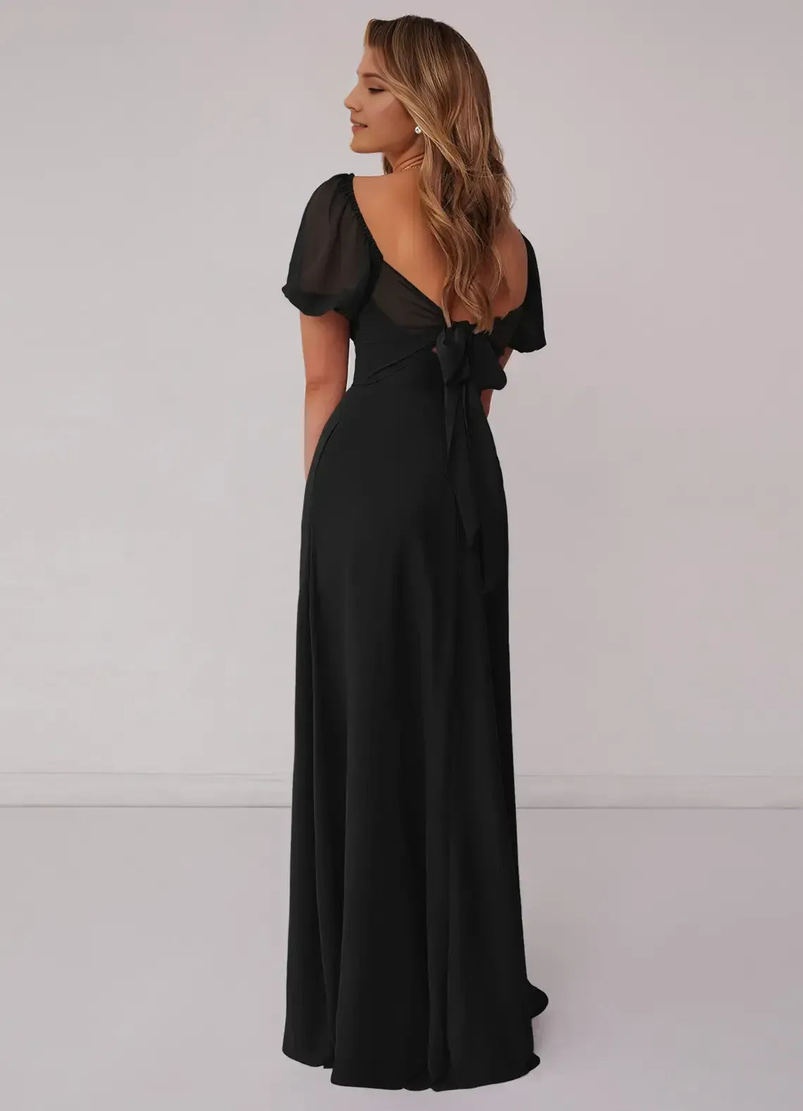 Chic Black A-Line Sweetheart-Neck Puff-Sleeve Tie-Back Maxi Bridesmaid Dress