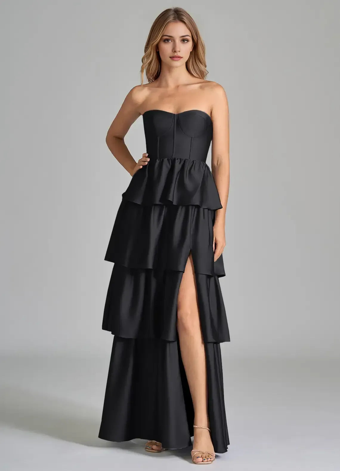 Chic Black A-Line Sweetheart Strapless Open-Back Tiered Slit Maxi Bridesmaid Dress