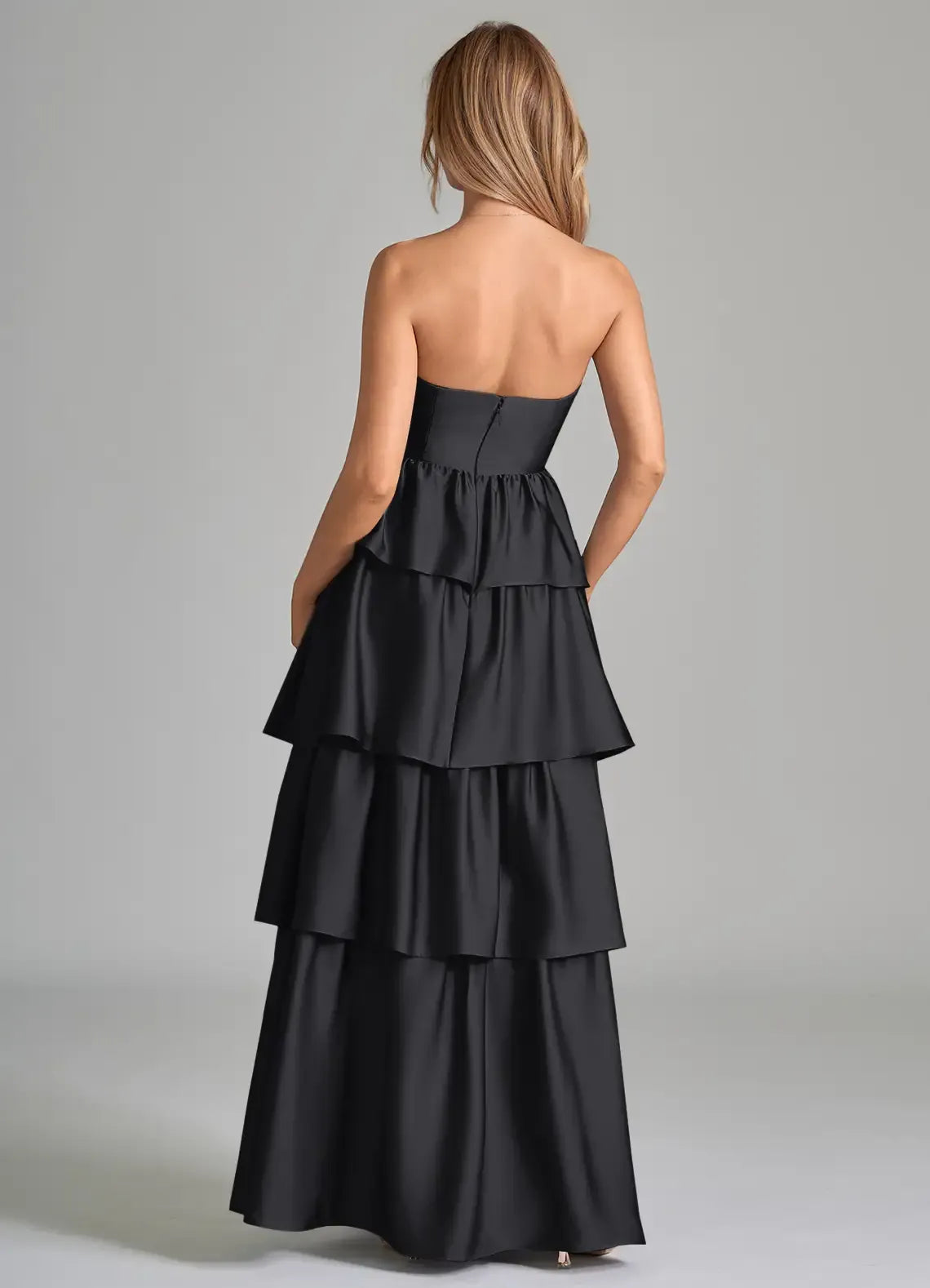 Chic Black A-Line Sweetheart Strapless Open-Back Tiered Slit Maxi Bridesmaid Dress
