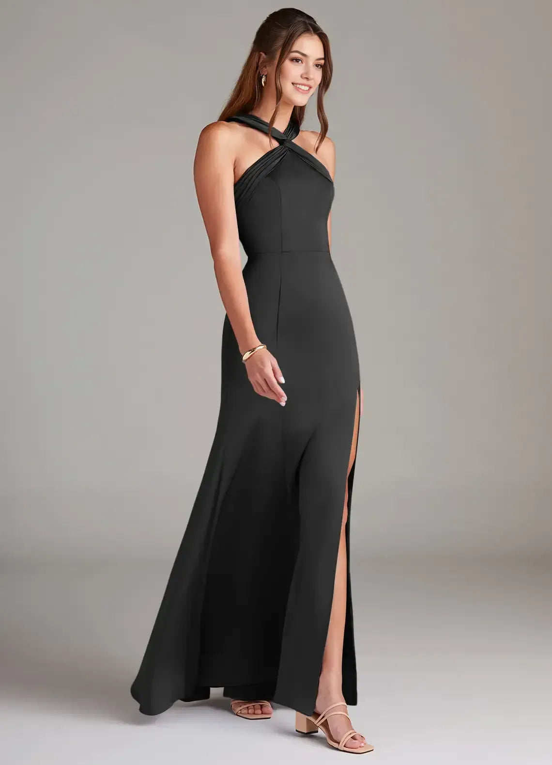 Chic Black Mermaid Cross-Halter High-Neck Sleeveless Twist Cross-Back Floor-Length Evening Wedding Bridesmaid Dress
