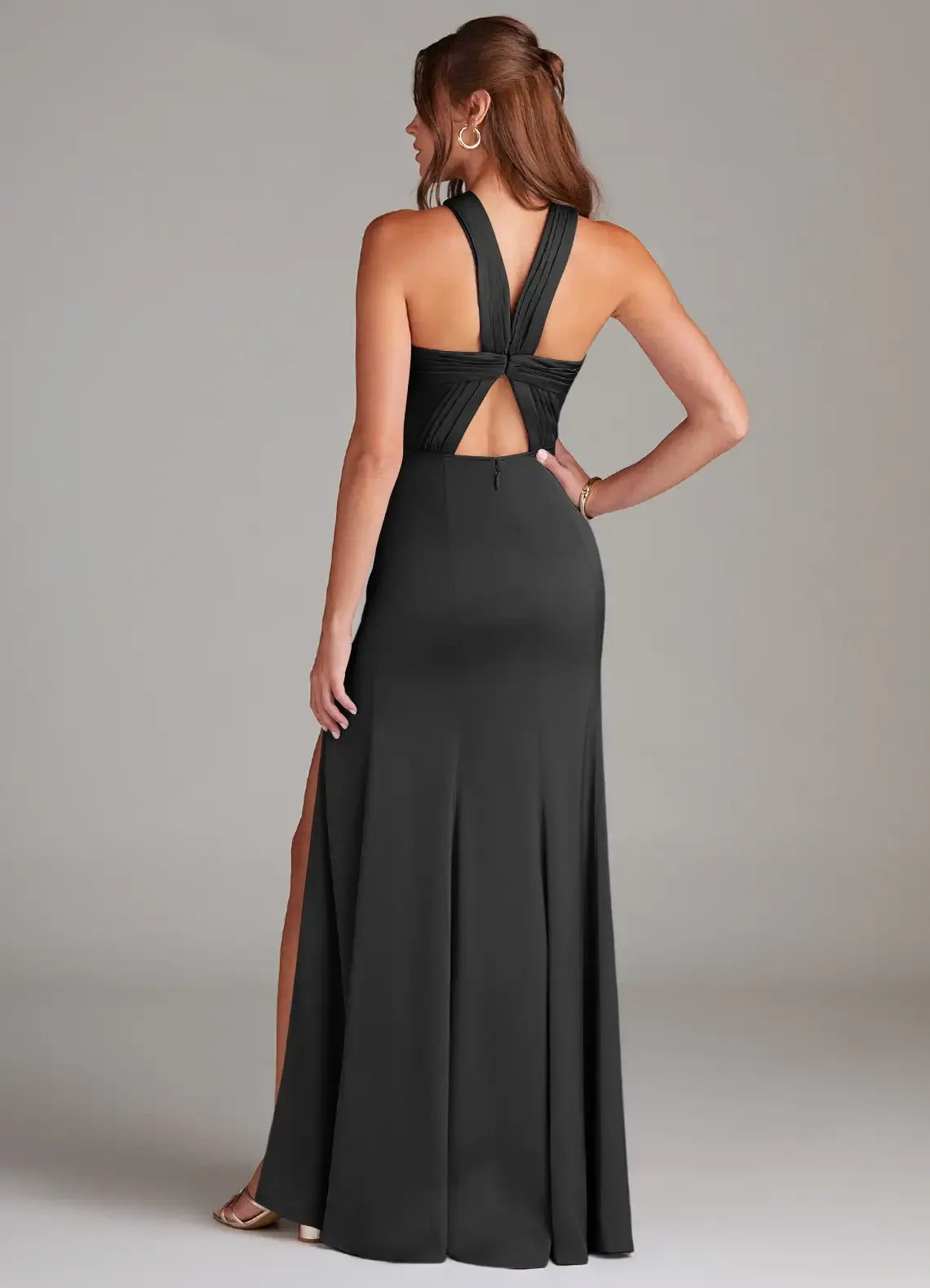 Chic Black Mermaid Cross-Halter High-Neck Sleeveless Twist Cross-Back Floor-Length Evening Wedding Bridesmaid Dress