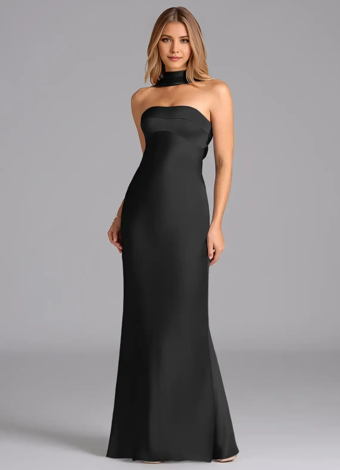Chic Black Mermaid Strapless Choker-Neck Plunge-Back Maxi Bridesmaid Dress