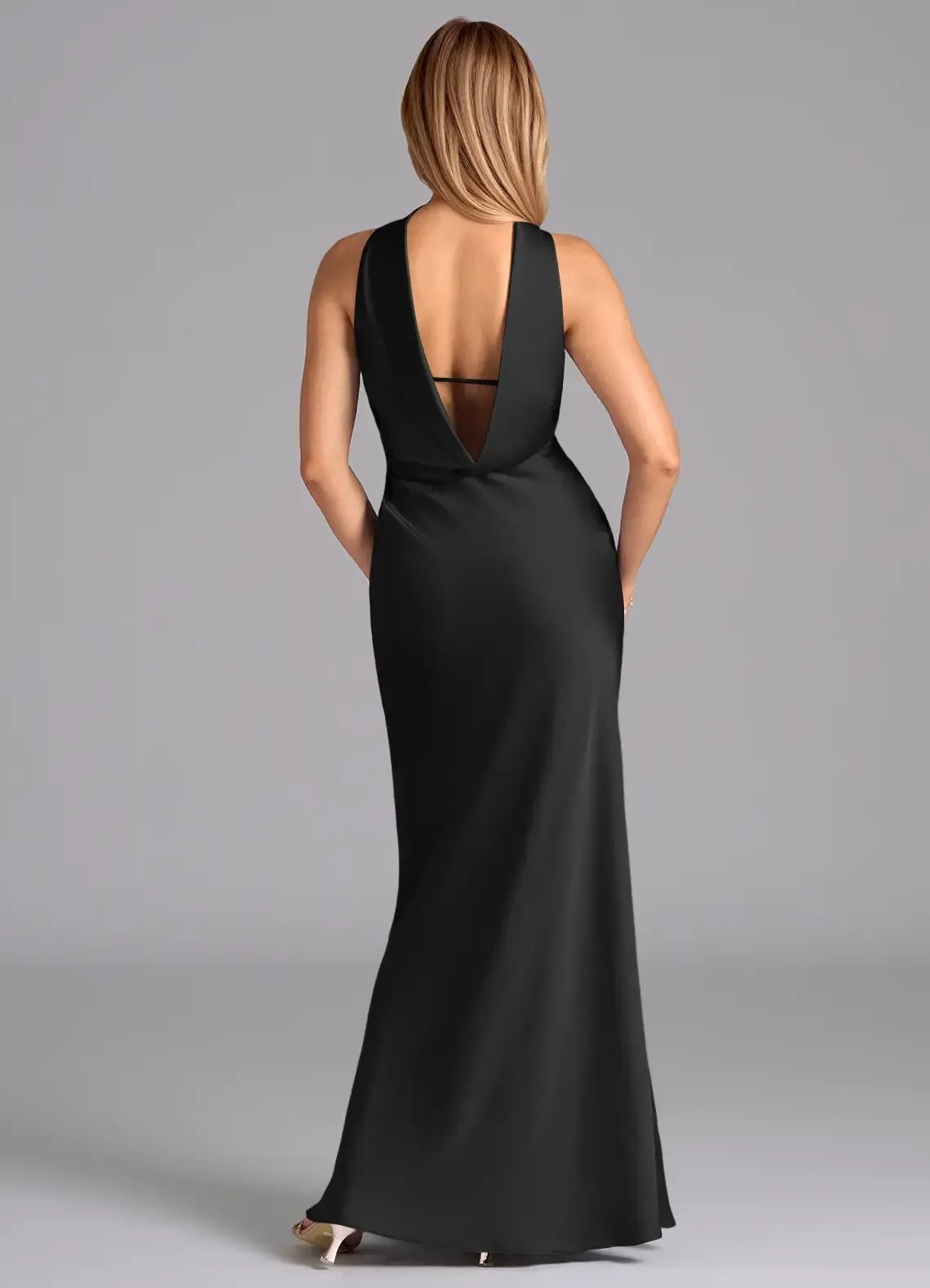 Chic Black Mermaid Strapless Choker-Neck Plunge-Back Maxi Bridesmaid Dress