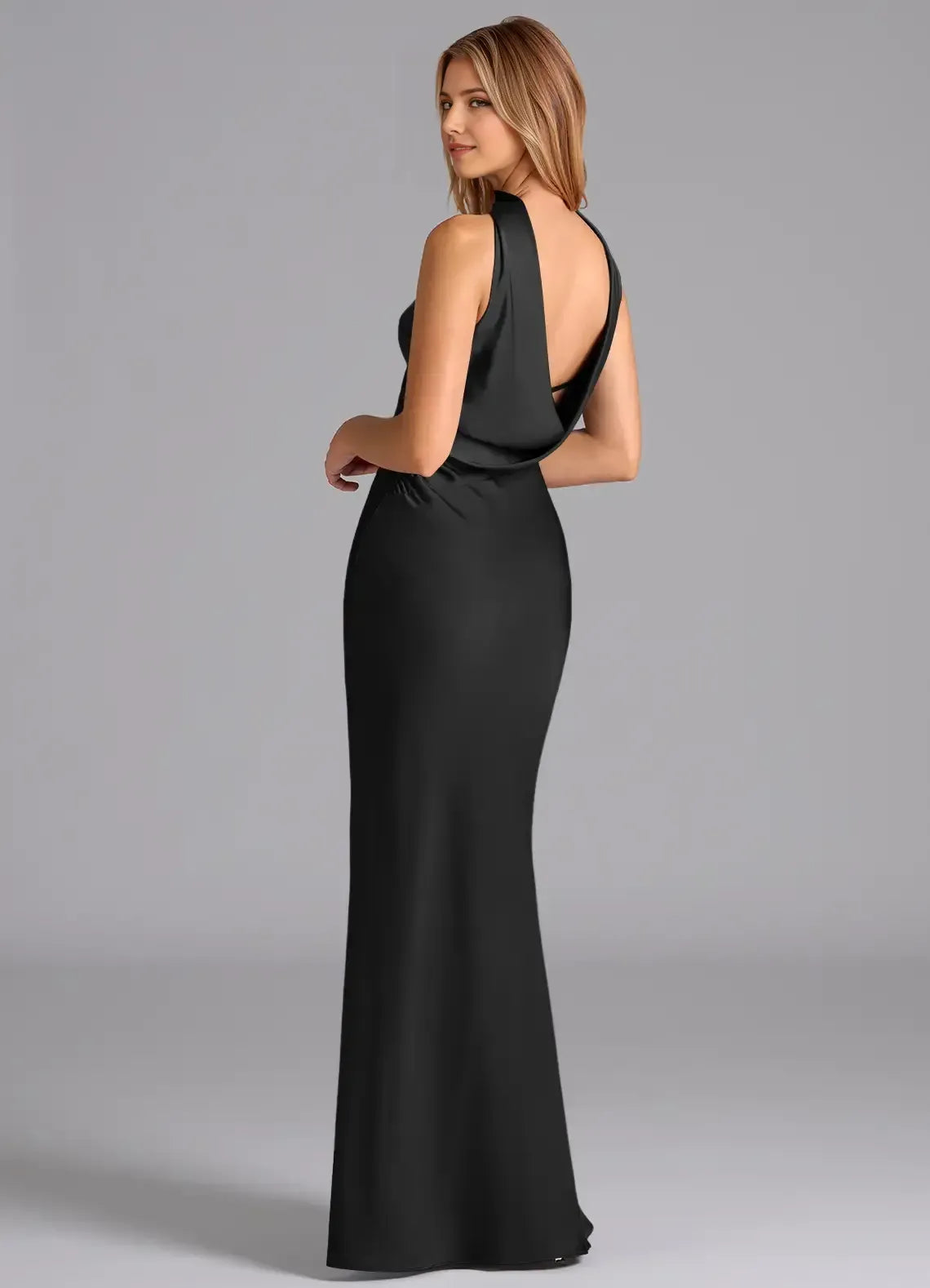 Chic Black Mermaid Strapless Choker-Neck Plunge-Back Maxi Bridesmaid Dress