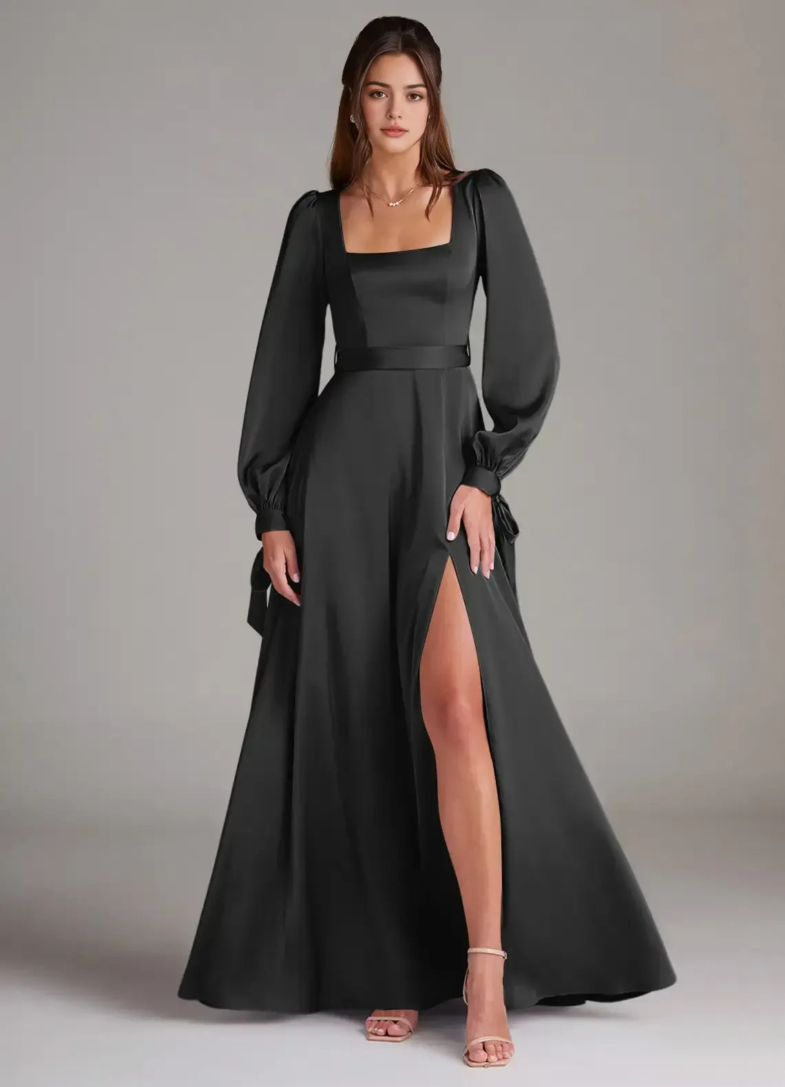 Chic Black Satin A-Line Square-Neck Long Puff-Sleeve Tie-Back Floor-Length Evening Wedding Bridesmaid Dress