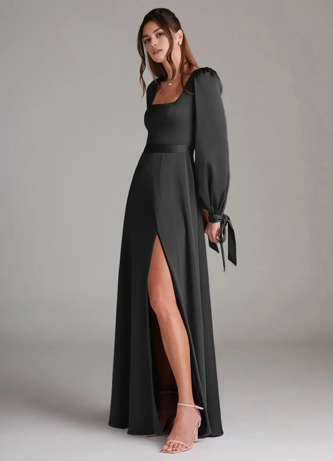 Chic Black Satin A-Line Square-Neck Long Puff-Sleeve Tie-Back Floor-Length Evening Wedding Bridesmaid Dress