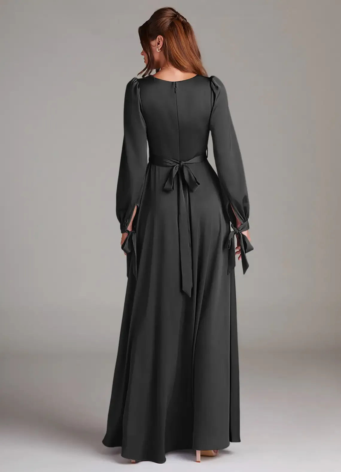 Chic Black Satin A-Line Square-Neck Long Puff-Sleeve Tie-Back Floor-Length Evening Wedding Bridesmaid Dress
