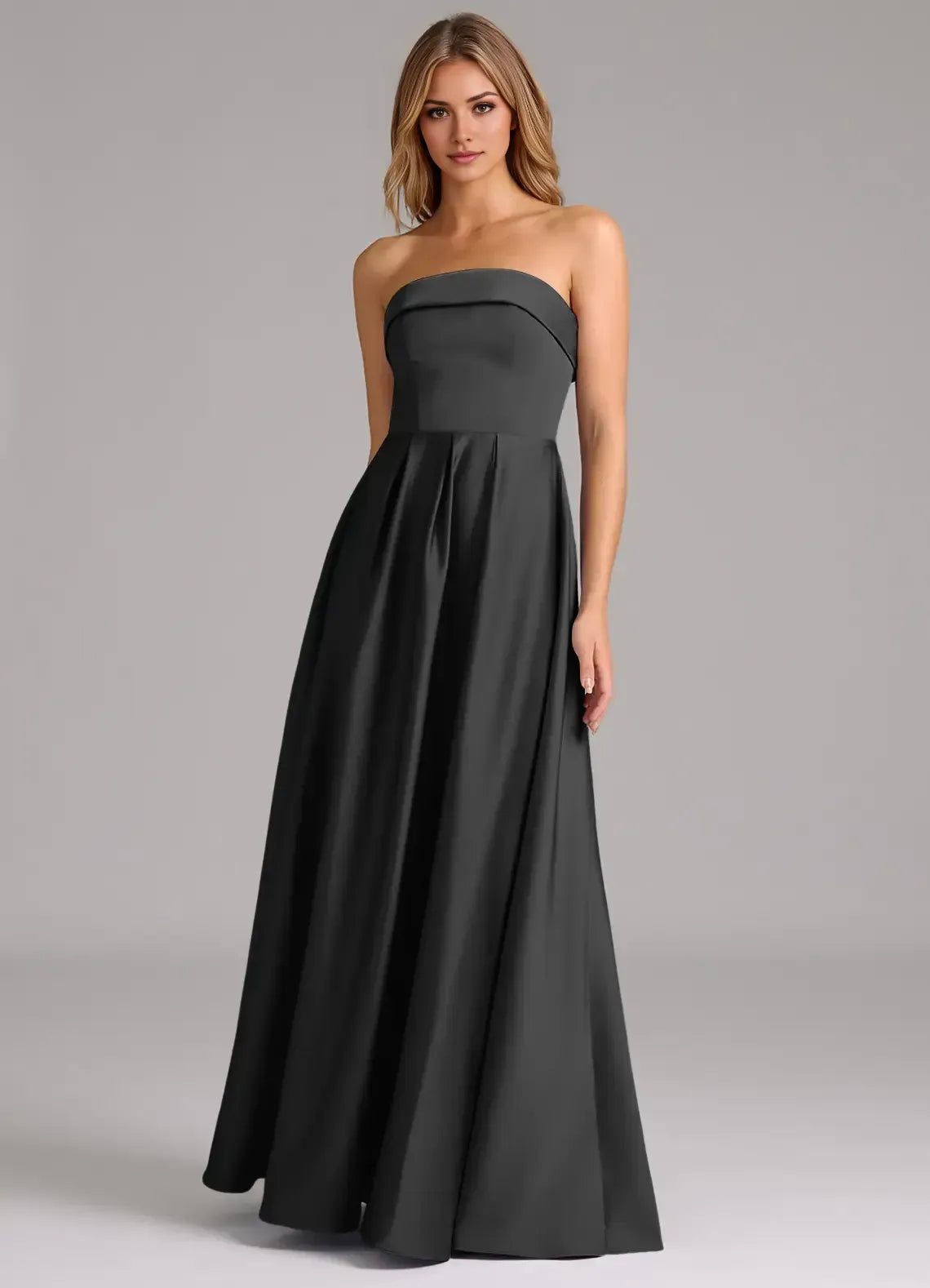 Chic Black Satin A-Line Strapless Sweetheart-Neck Sleeveless Low-Back Floor-Length Evening Wedding Bridesmaid Dress