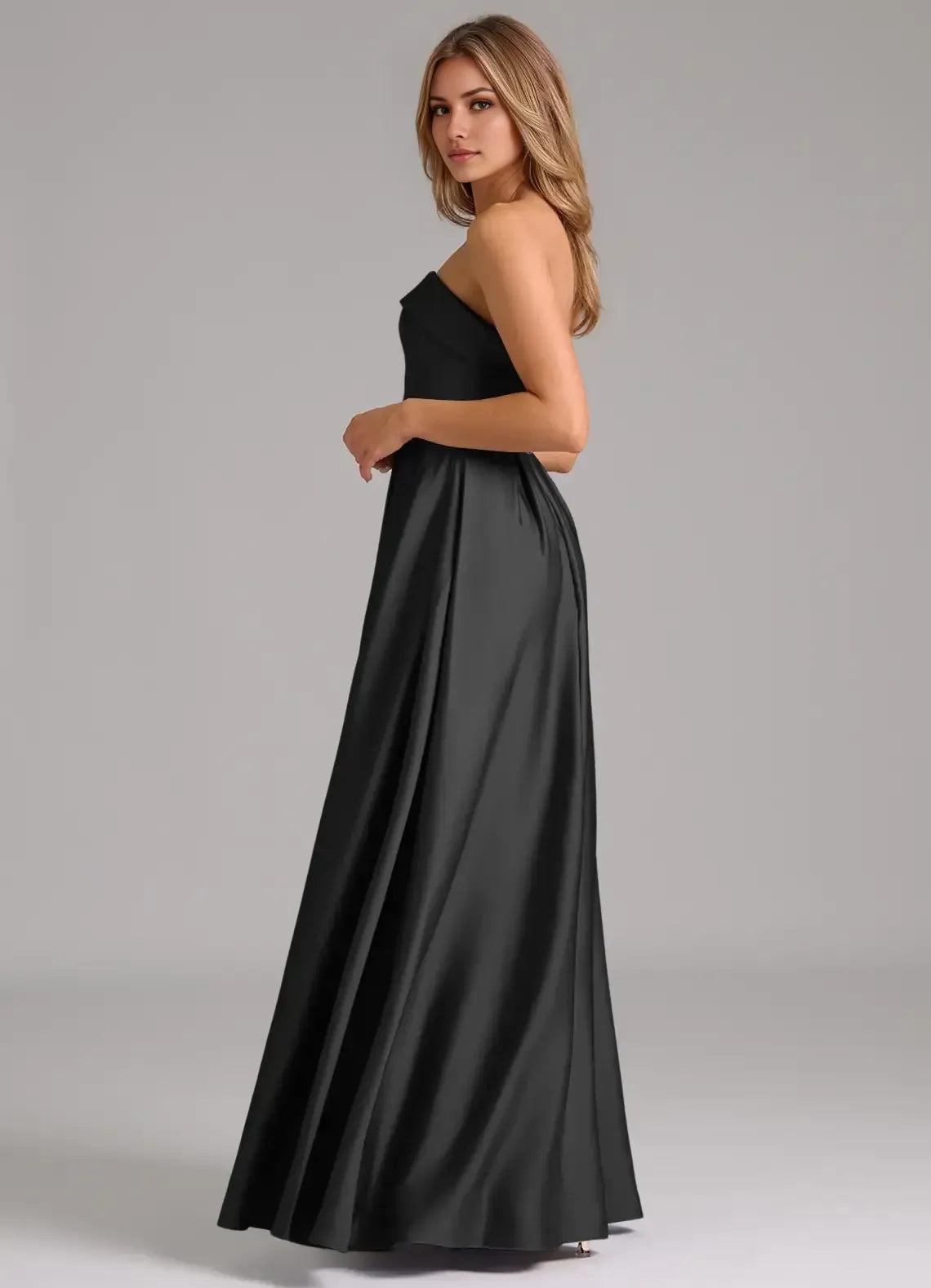 Chic Black Satin A-Line Strapless Sweetheart-Neck Sleeveless Low-Back Floor-Length Evening Wedding Bridesmaid Dress