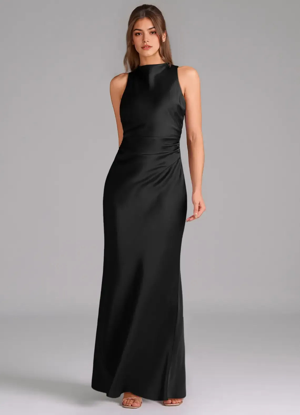 Chic Black Satin Mermaid High-Neck Halter Cross-Back Tie-Waist Floor-Length Evening Wedding Bridesmaid Dress