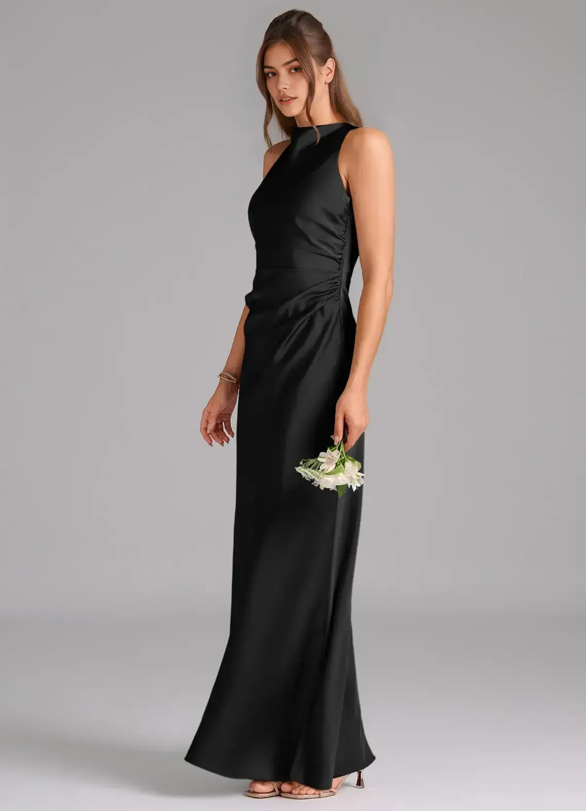Chic Black Satin Mermaid High-Neck Halter Cross-Back Tie-Waist Floor-Length Evening Wedding Bridesmaid Dress