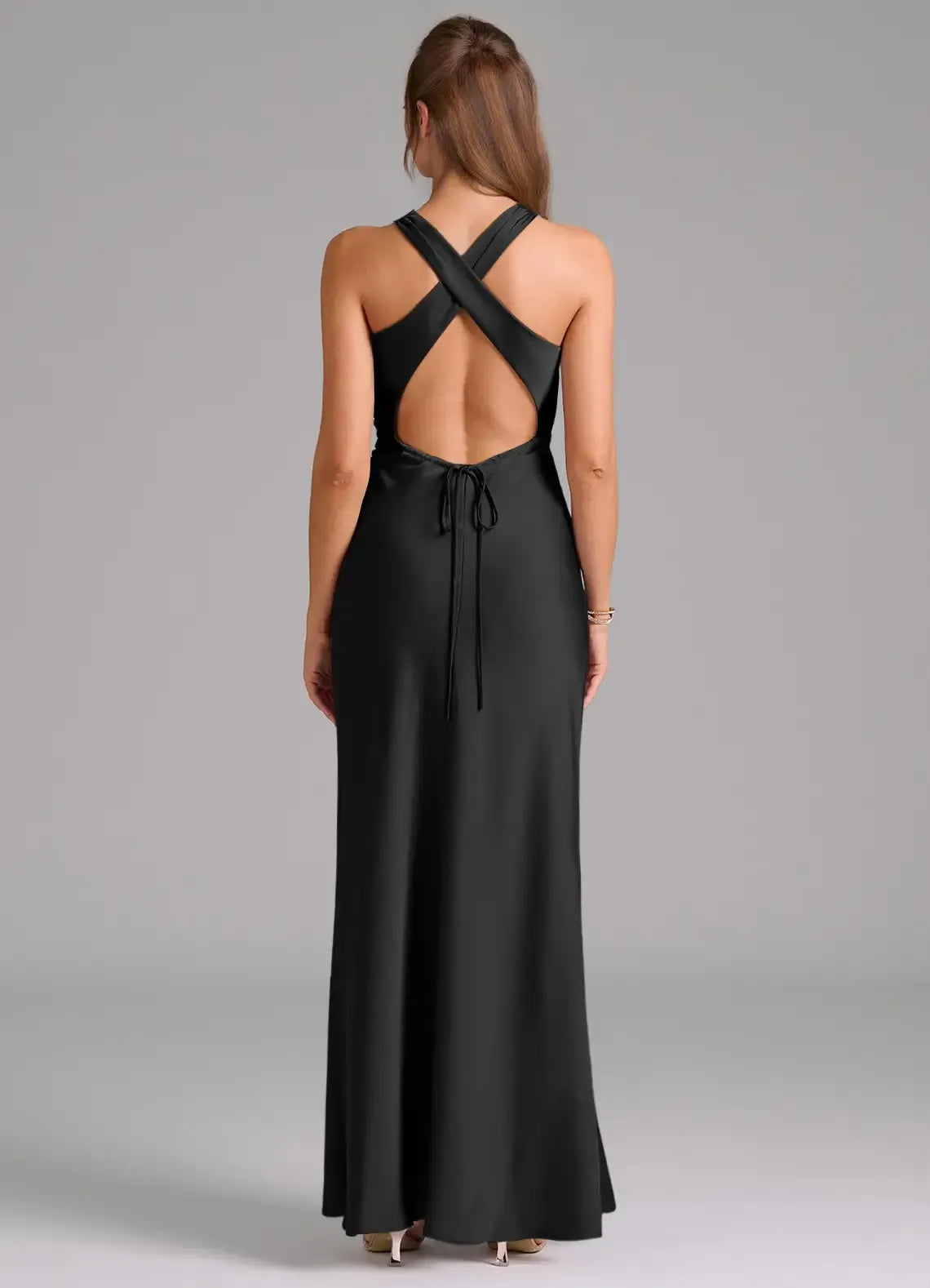 Chic Black Satin Mermaid High-Neck Halter Cross-Back Tie-Waist Floor-Length Evening Wedding Bridesmaid Dress
