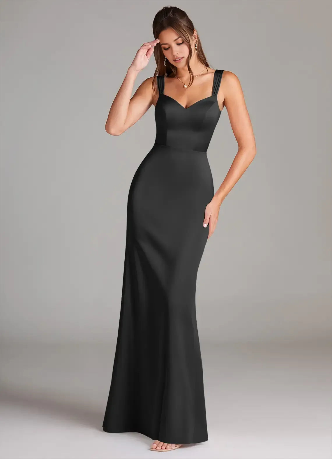 Chic Black Satin Mermaid Sweetheart-Neck Wide-Strap Low-Back Floor-Length Evening Wedding Bridesmaid Dress